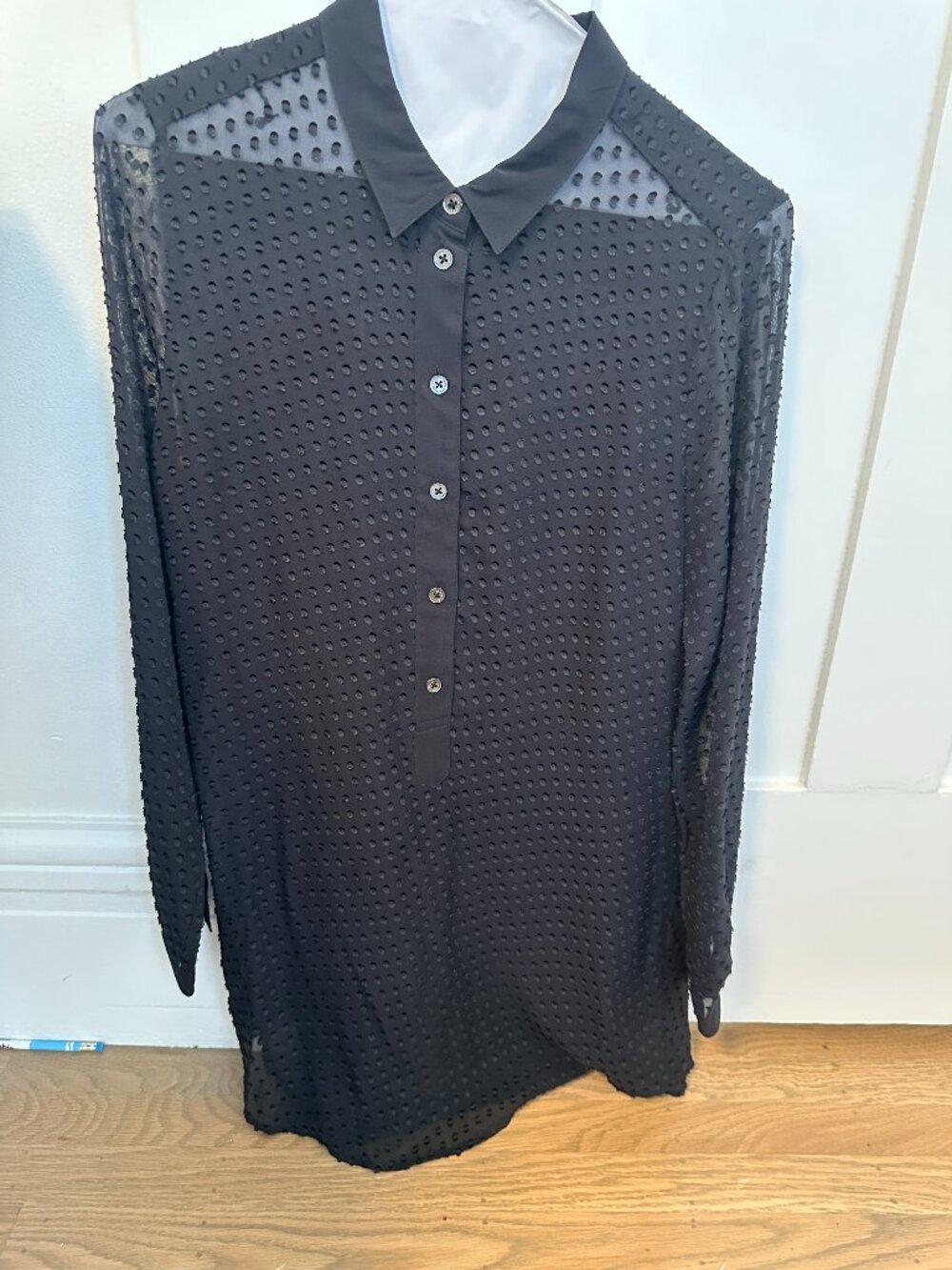 Equipment Femme Black Swiss Dot Sheer Shirt Dress + Slip Set Size XS